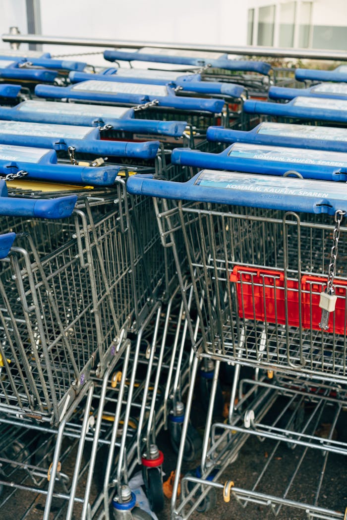 A collection of metal shopping carts with blue handles outside a store.